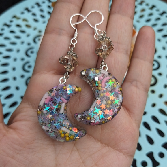 Moon Earrings Candy Sprinkles Resin Handmade Crescent Moon Wire Wrapped Cute Art - Picture 8 of 8